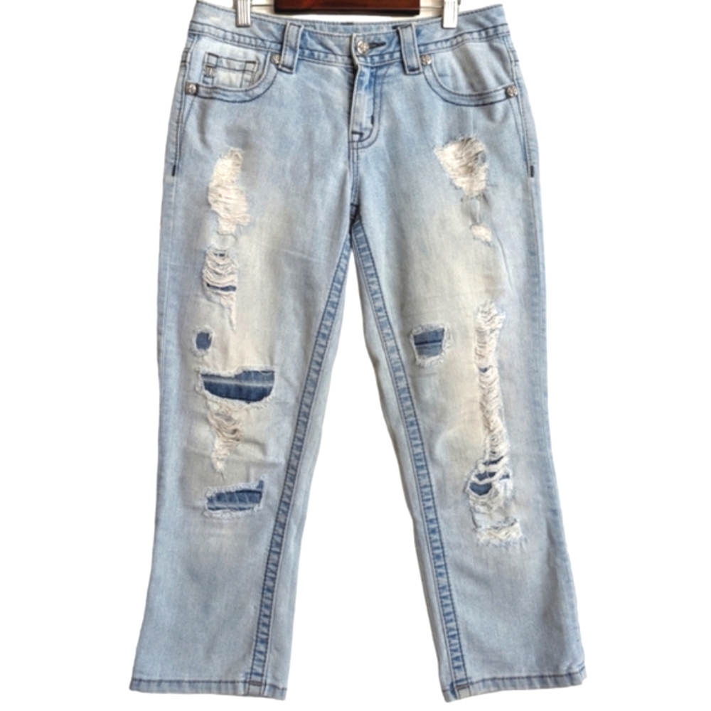 Miss Me Distressed Light Blue Denim Boyfriend Capri Jeans Size 24